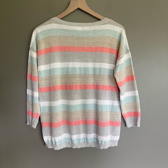 LOFT Shimmer Striped 3/4 Sleeve Sweater Size Small Lightweight Relaxed Fit Linen - Picture 13 of 16
